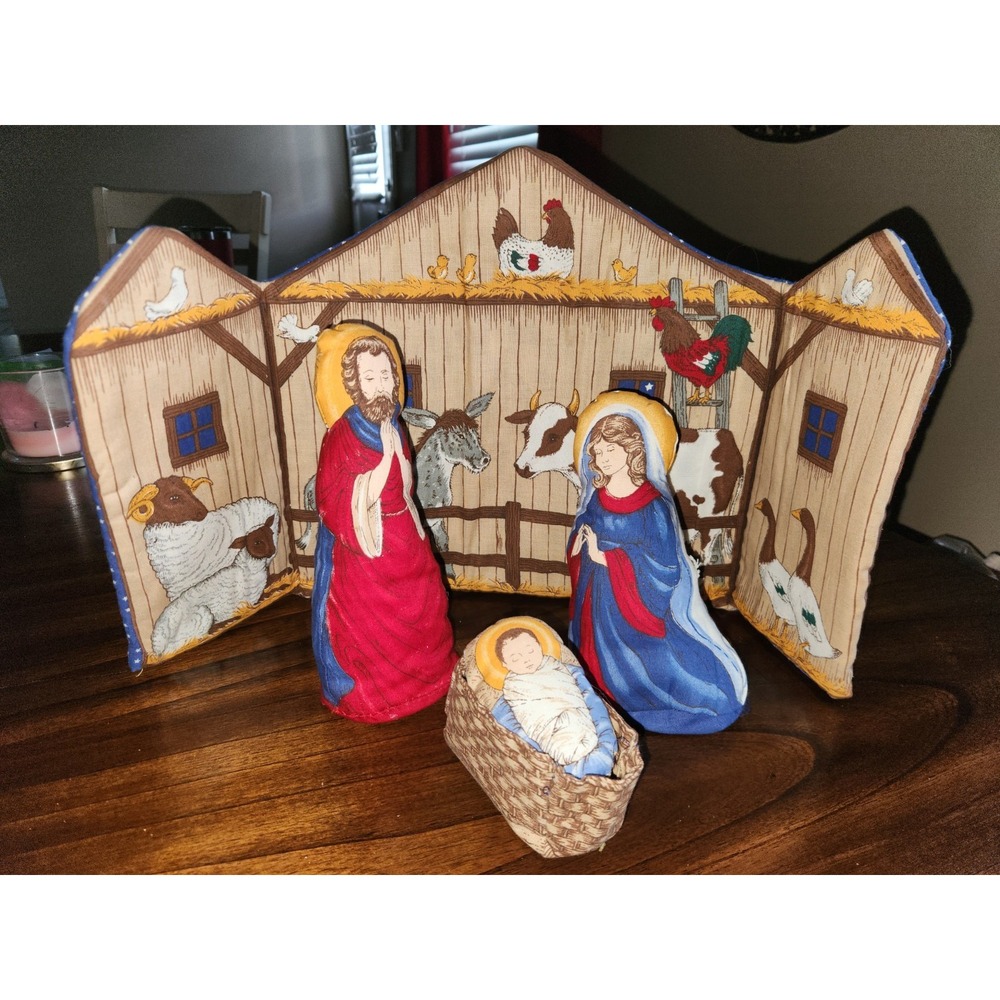 Vintage Hand Sewn Christmas Soft Fabric Nativity Set w/Barn Background Plush